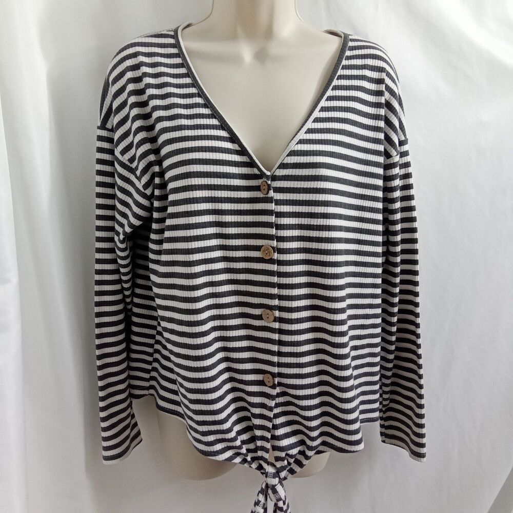 SHEIN Women's Large Gray White Striped Long Sleeve‎ V-neckline Button Up Tie